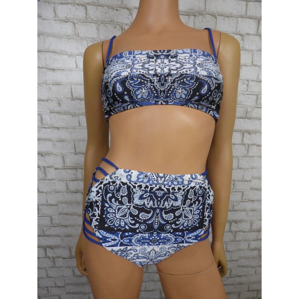 Becca Rebecca Virtue Blue White High Waist Strappy Bikini Set Small